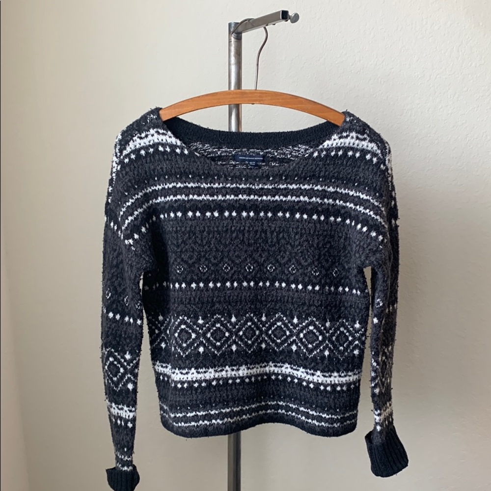 AE Black White Crop Crew Neck Sweater Fair Isle Nordic cabincore grandpa VGUC